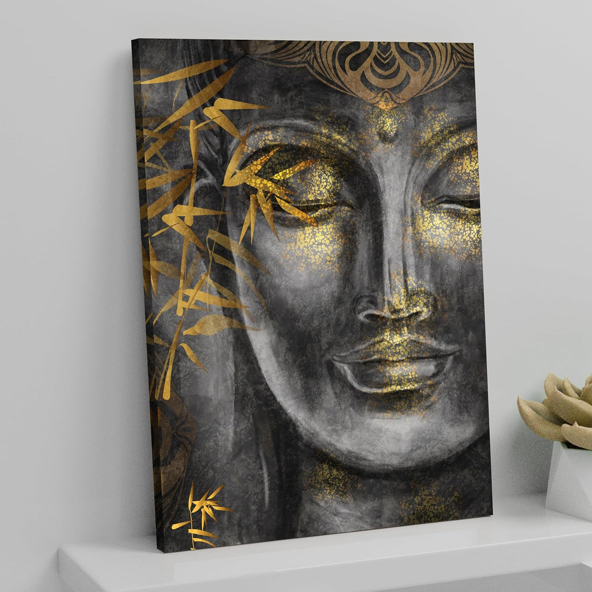 Stretched Canvas Painting Buddha Face Theme Grey Gold Wall For Living Room, Home Decor, Wall Decoration Paintings (Size: 16x22 Inch)