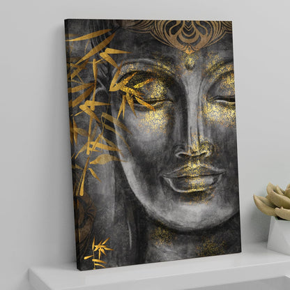 Stretched Canvas Painting Buddha Face Theme Grey Gold Wall For Living Room, Home Decor, Wall Decoration Paintings (Size: 16x22 Inch)