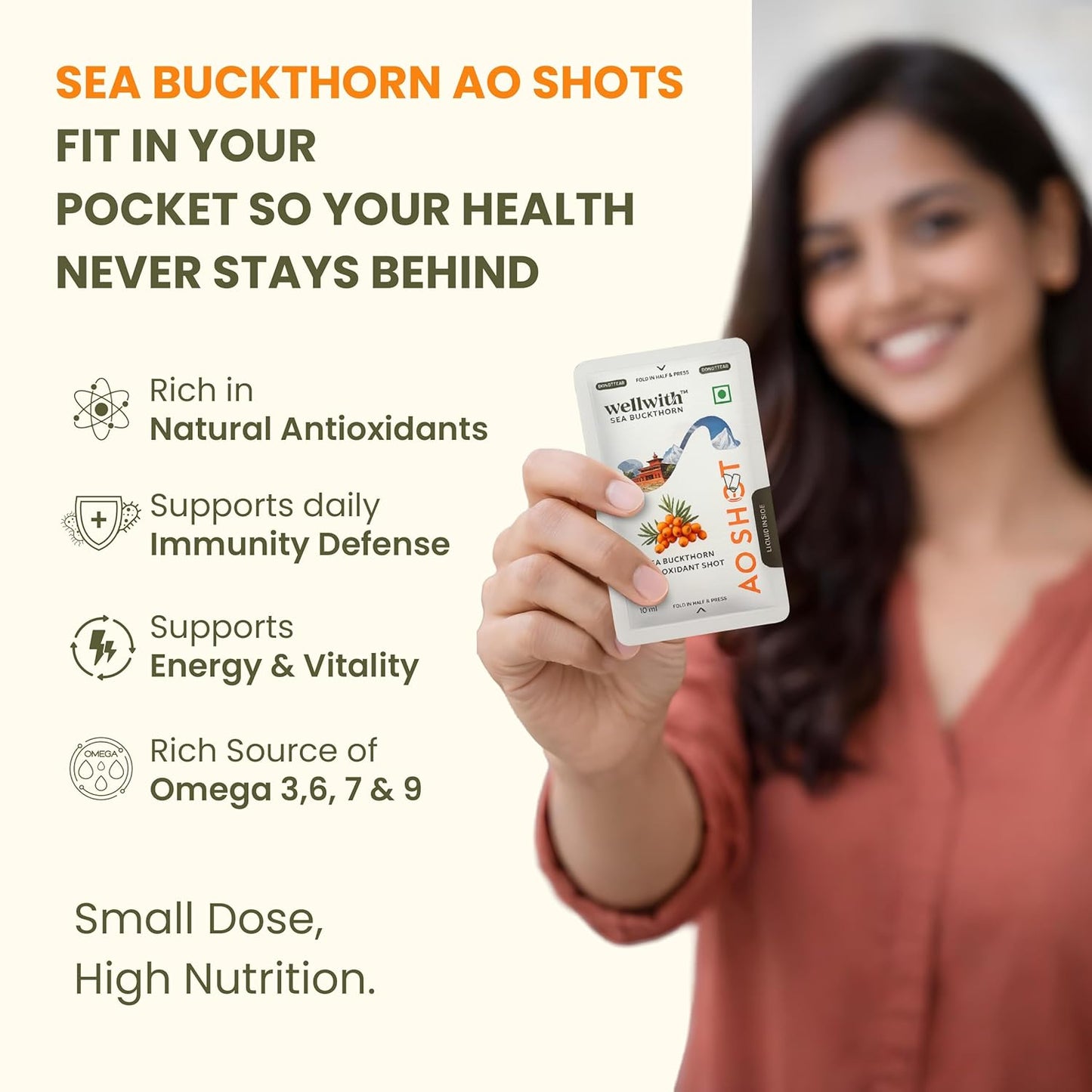 Wellwith Sea Buckthorn Berry AO Shots (150ml,15 Sachet), Pack of 1| Daily Antioxidant & Vitamin C Drink | Supports Immunity, Skin Glow & Energy