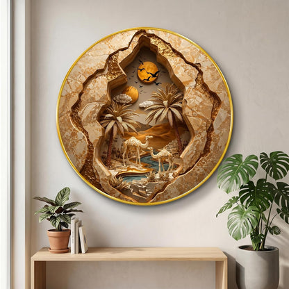 Desert Camel Landscape Wall Painting Round PVC Golden Frame 3D Cave Style Art Sunset Nature Design for Living Room Bedroom Office Home Wall Decor (20 x 20 Inch) GRL-403