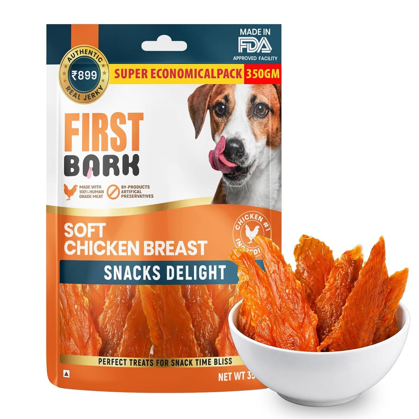 First Bark Dog Treats for Adult Dog & Puppy – Snack Delights Chicken Jerky for Dogs, Small Dogs & Shih Tzu | Dog Snacks & Puppy Treats – Soft Chicken Breast (350g) x1