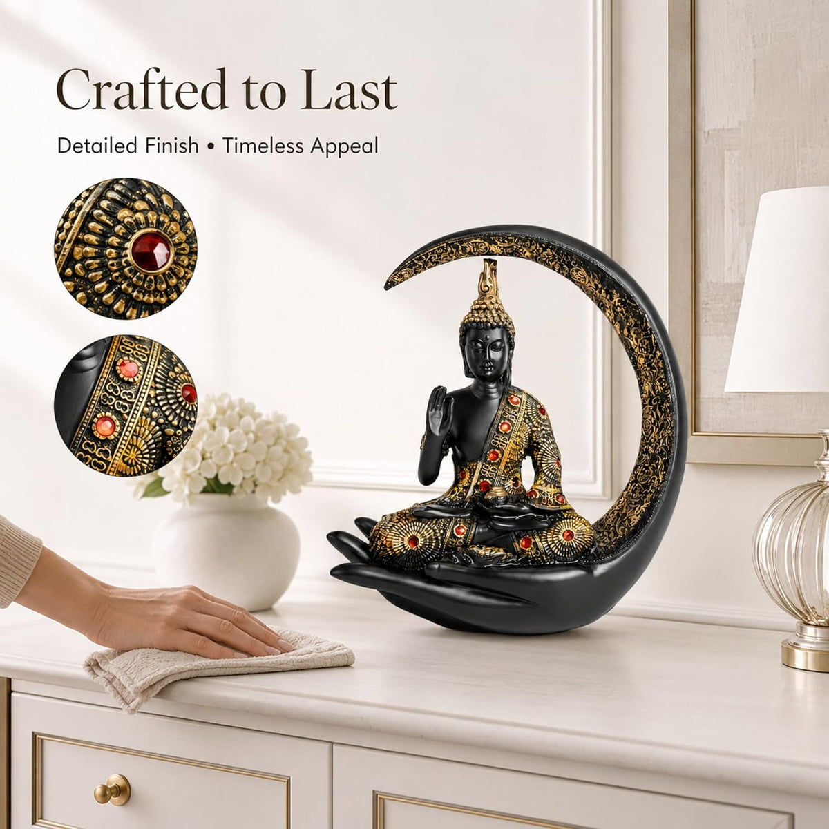 10 Inch 3D Meditating Buddha Statue with Crescent Moon | Black Resin Buddha Idol for Home Decor, Living Room, Office Desk & Gift | Lucky Spiritual Decorative Showpiece