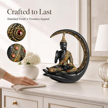 10 Inch 3D Meditating Buddha Statue with Crescent Moon | Black Resin Buddha Idol for Home Decor, Living Room, Office Desk & Gift | Lucky Spiritual Decorative Showpiece