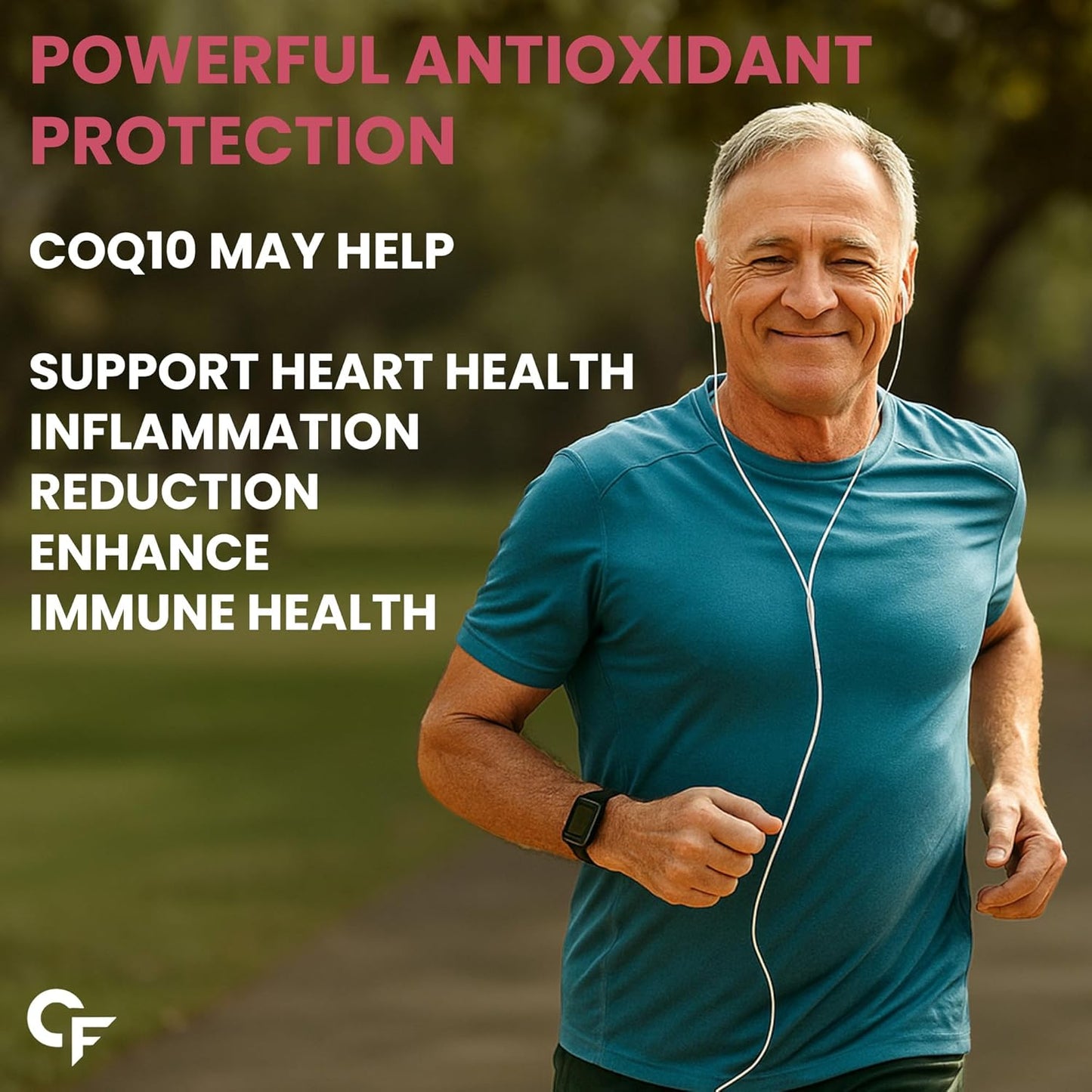 Man jogging outdoors with text about COQ10 benefits for health.