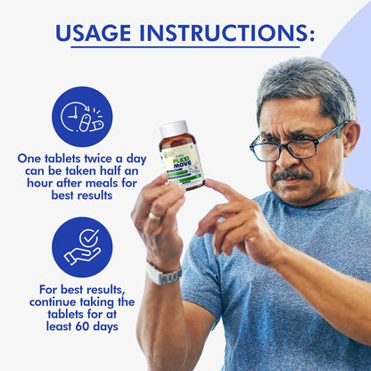 Man holding a supplement bottle with usage instructions displayed.