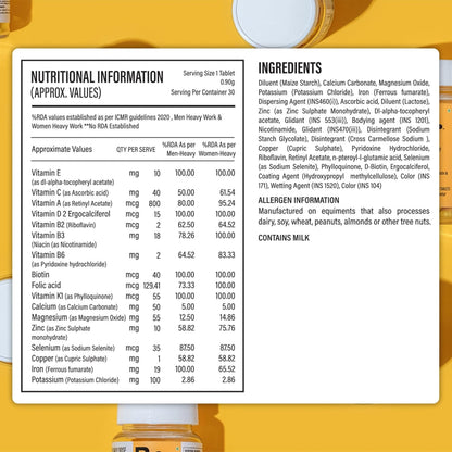 Be. 100% Daily Multivitamin Tablet for Men & Women | With Magnesium, Zinc, Biotin & Vitamin E | Everyday Multivitamin Tablets for Women & Men | Supports Energy, Immunity, Hair & Skin Care 30 Tablets