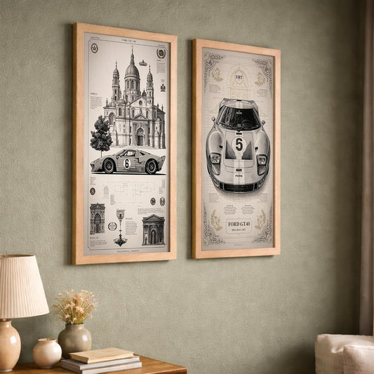 Vintage Automotive Blueprint Wall Art Set of 2, Classic Race Car Technical Drawing Prints with Wooden Frames, Retro Monochrome Decor for Living Room, Office & Garage (Art-9, 10x19 Inch)