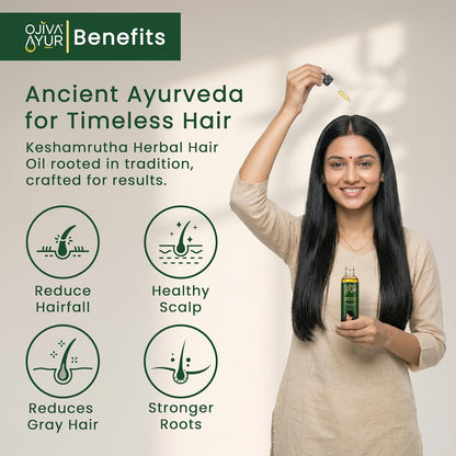 OJIVA AYUR Keshamrutha Bhringraj & Amla Hair Oil for Hair Growth & Hair Fall Control | Ayurvedic Oil with Kalonji, Cold-Pressed Coconut, Sesame, Almond | For Men & Women | Lab-Tested | 115ml