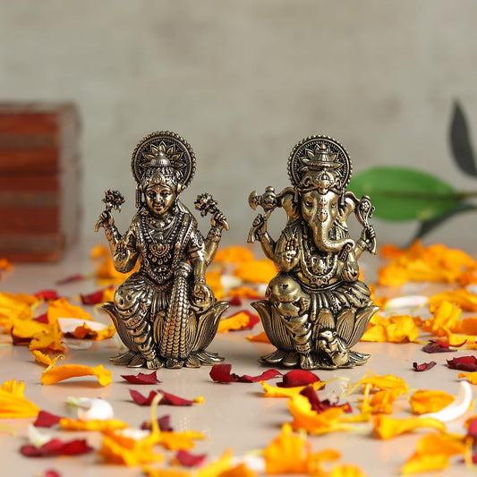 Brass Lakshmi Ganesh Idol Set for Pooja Room | Pure Brass Lakshmi Ganesh Murti for Home | Decorative Statue for Mandir (Design02: L4 x W3 x H6.5 cm)