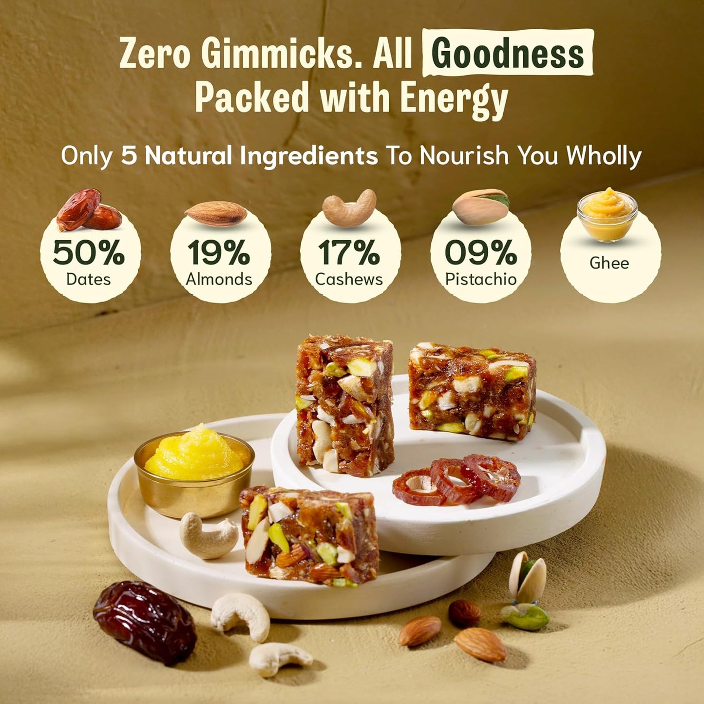 SOULLY Nature's Classic Date & Nut Mini Energy Bars 200g (10 Bars x 20g), Whole Dates, Almonds, Cashews, Pistachios & Cow Ghee, 93 Calories Per Bar, No Added Sugar, No Preservatives