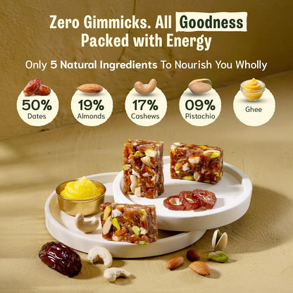 SOULLY Nature's Classic Date & Nut Mini Energy Bars 200g (10 Bars x 20g), Whole Dates, Almonds, Cashews, Pistachios & Cow Ghee, 93 Calories Per Bar, No Added Sugar, No Preservatives