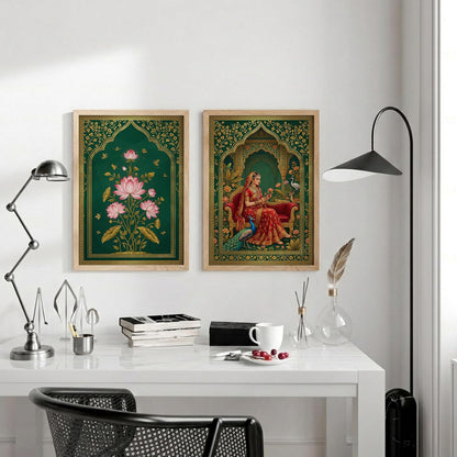 Rajasthani Rani Lotus Flower Wall Art Painting | Set of 2 Framed Paintings | Mughal Indian Decor for Living Room Bedroom Home Office | (ART 7, 13x19 INCHES)