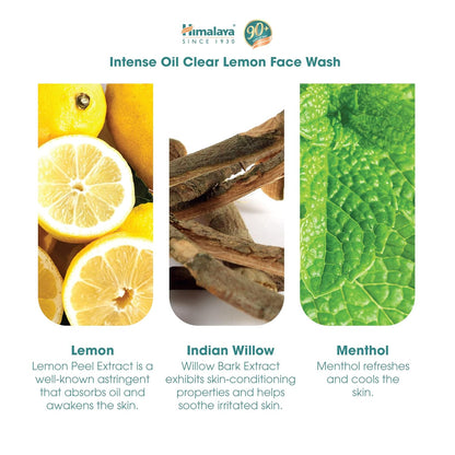 Himalaya Intense Oil Clear Lemon Face Wash ingredients with lemon, Indian Willow, and Menthol.