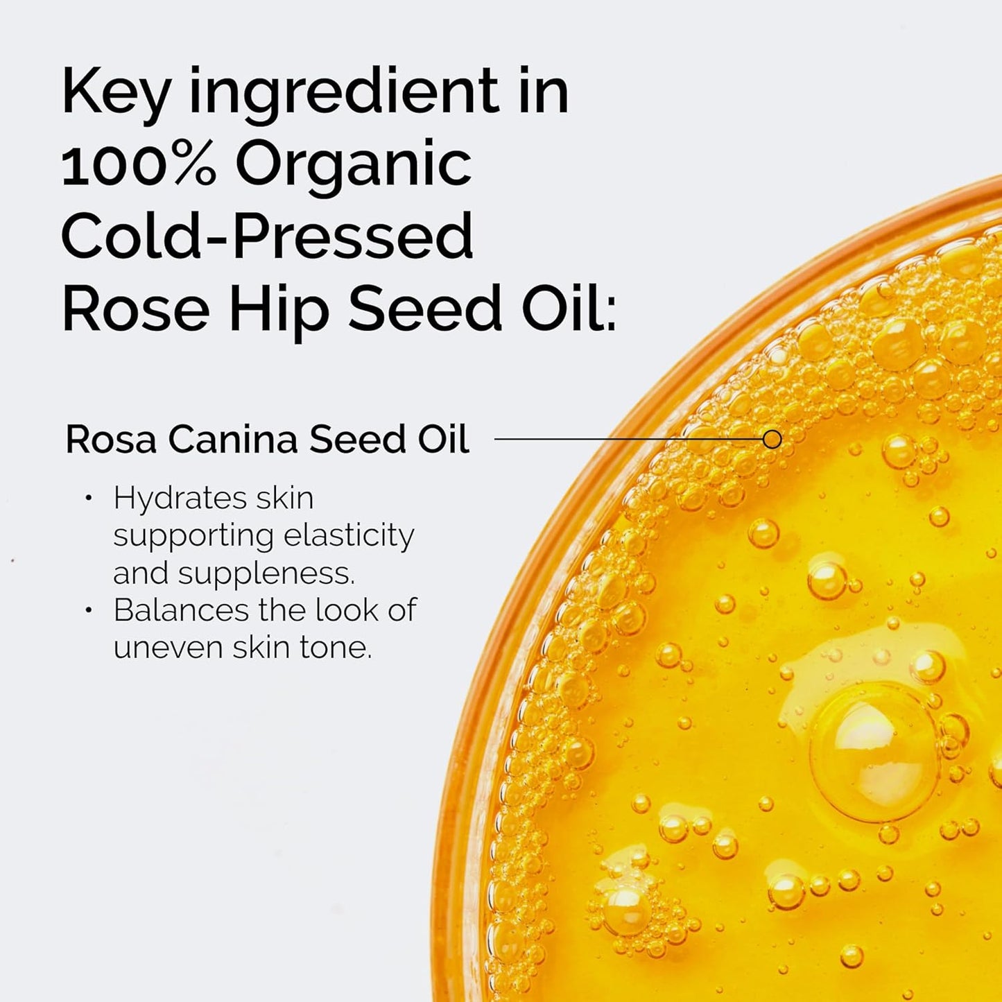 Close-up of organic cold-pressed rose hip seed oil with text about Rosa Canina Seed Oil.