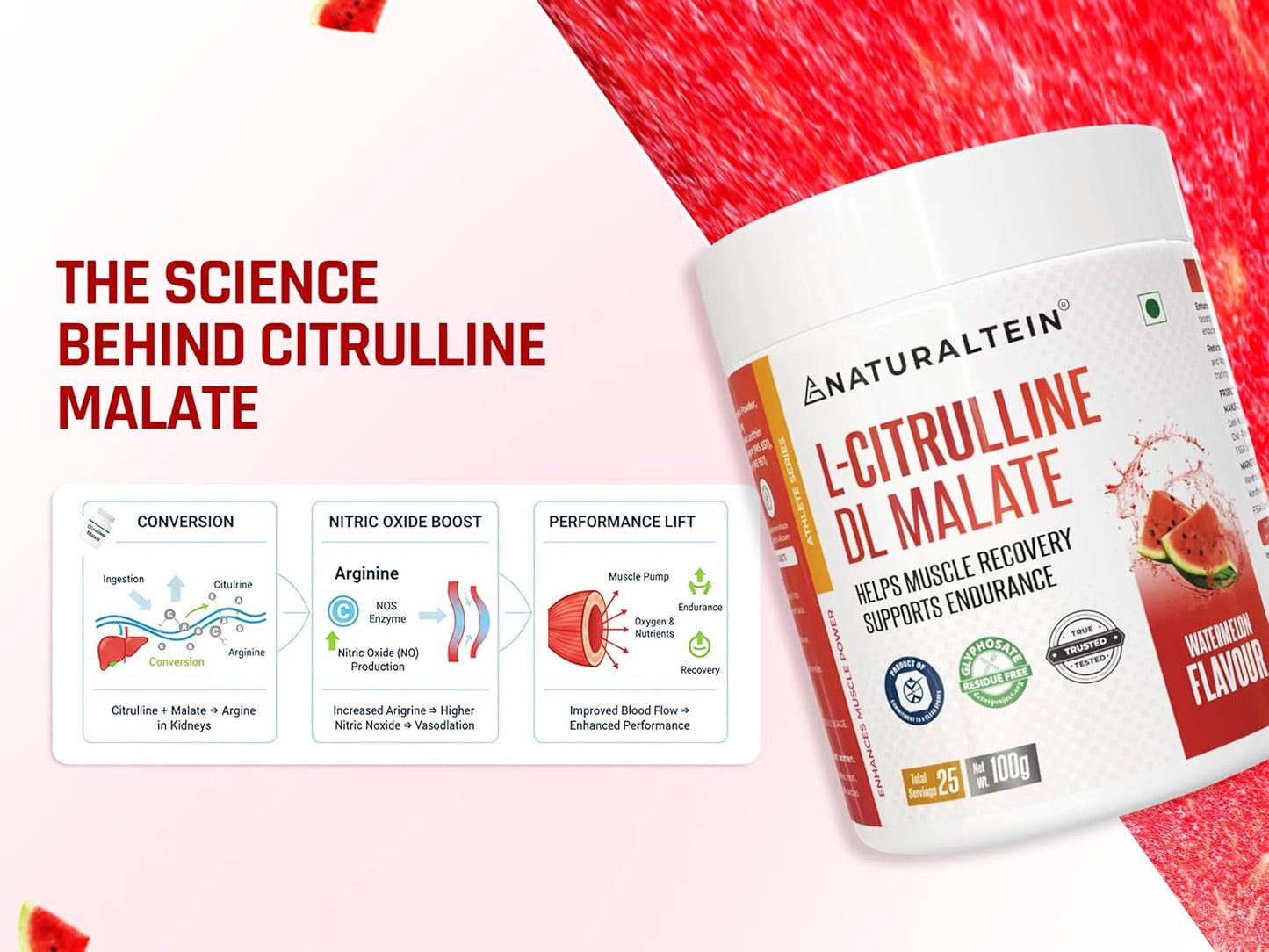NATURALTEIN Citrulline Malate 2:1 | Watermelon Flavour | Nitric Oxide Booster for Bigger Pumps & Workout Performance | 100g, 25 Servings | Supports Strength & Endurance