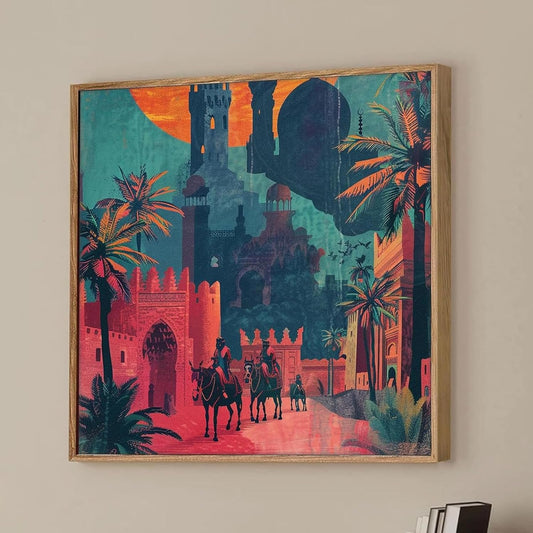 Royal Desert City Framed Canvas Wall Art Painting for Living Room | Vintage Arabian Landscape Artwork Painting with Frame | Ethnic Decorative Wall Décor for Home & Office, 23x23 Inch