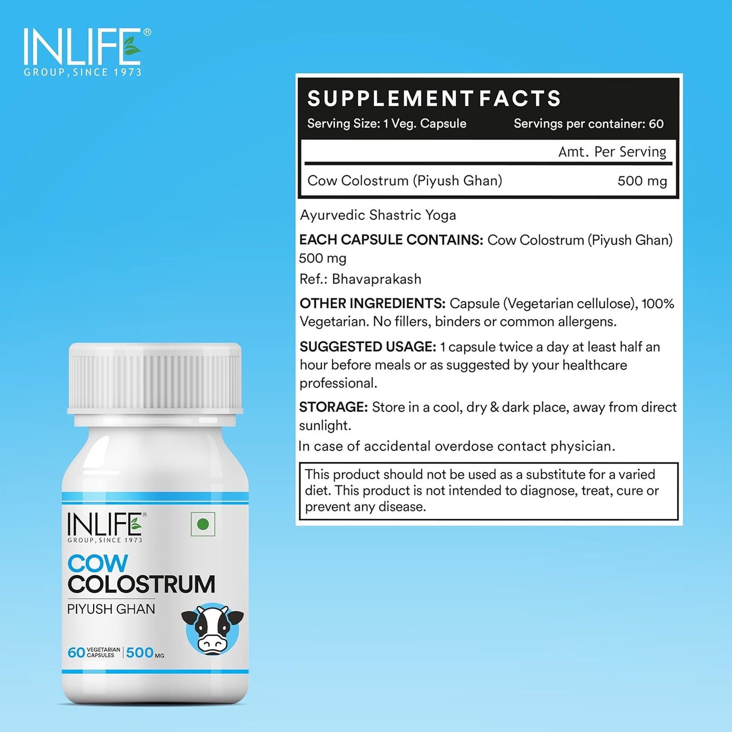 INLIFE Colostrum Capsules 500mg | Ayurvedic Immune & Gut Health Supplement - 60 Vegetarian Capsules (Pack of 1, 60)