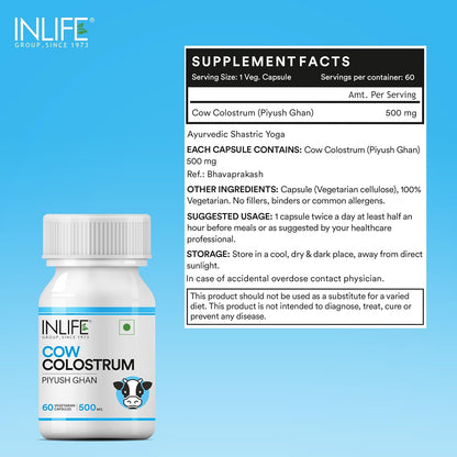 INLIFE Colostrum Capsules 500mg | Ayurvedic Immune & Gut Health Supplement - 60 Vegetarian Capsules (Pack of 1, 60)
