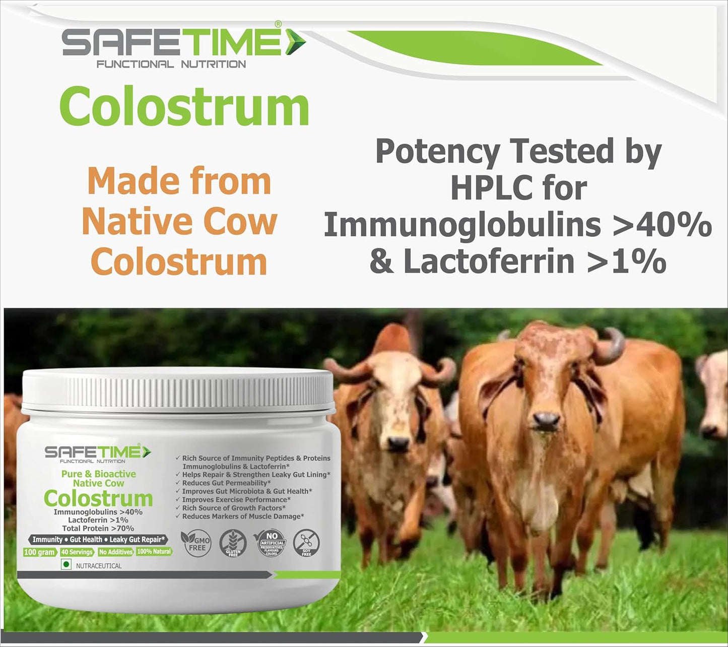 SafeTime Colostrum supplement packaging with cows in the background