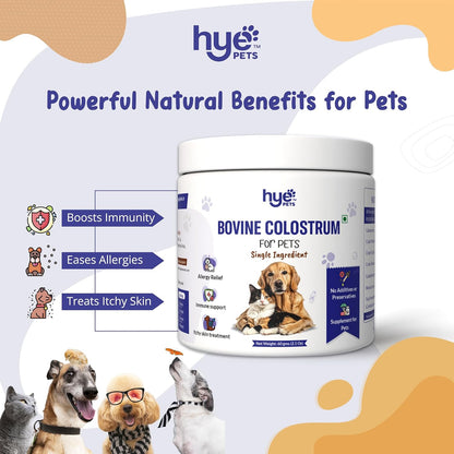 Hye Pets Bovine Colostrum Powder for Dogs & Cats | Allergy & Itchy Skin Relief Supplement | Immune Support with Natural Antibodies | Pure, Single Ingredient, No Preservatives | 60 Days Supply | 60g