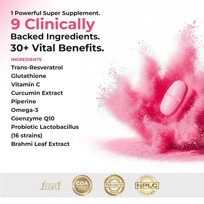 Miror Revive Anti-Aging & Women’s Daily Wellness Supplement with Resveratrol, Glutathione, Curcumin, Probiotics & CoQ10, Energy, Skin Glow, Gut Health & Immunity Support, Non-GMO, (30 Days Pack)