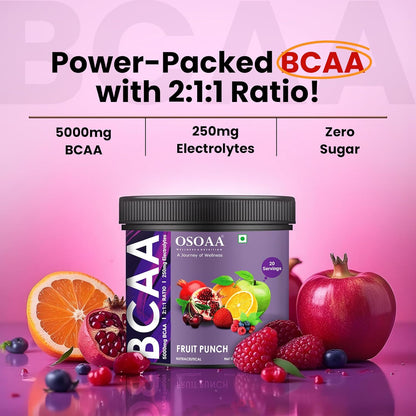 OSOAA BCAA supplement container with fruit punch flavor on a pink background
