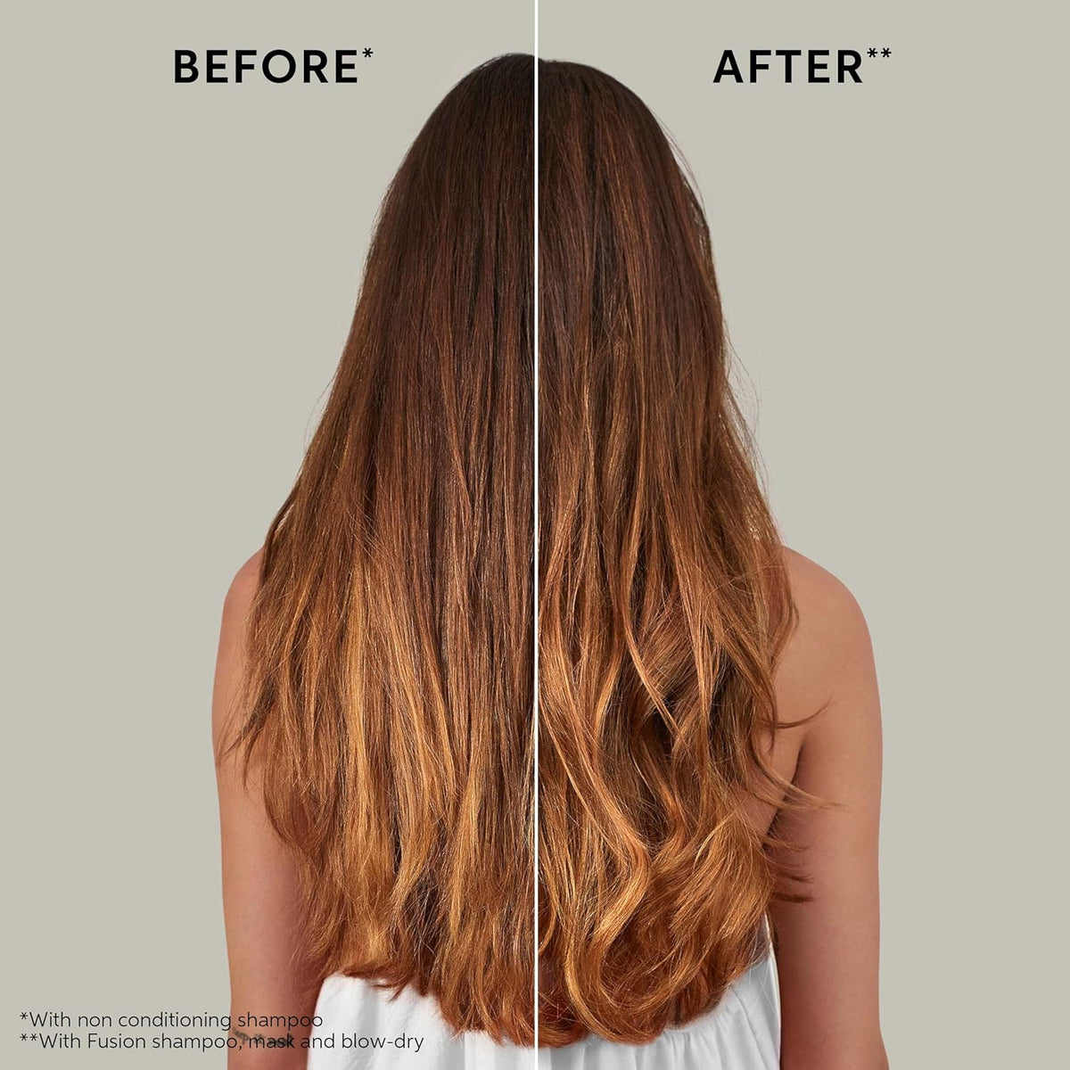Before and after comparison of hair with a shampoo product on a neutral background
