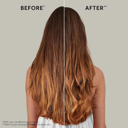Before and after comparison of hair with a shampoo product on a neutral background