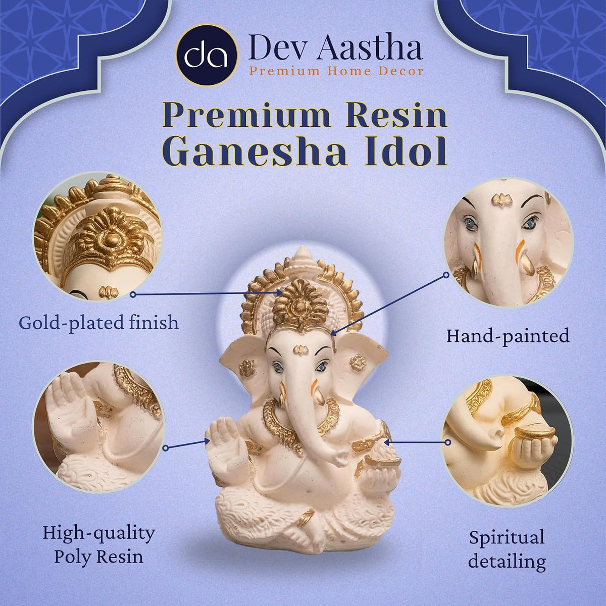 Lord Ganesha Idol for Car Dashboard, Home Decor & Pooja | Resin Gold Plated Ganpati Murti | 3.5 Inch Ganesh Statue for Gift, Diwali, Housewarming, Baby Shower, Mandir Decor, Peach Ivory,P-1