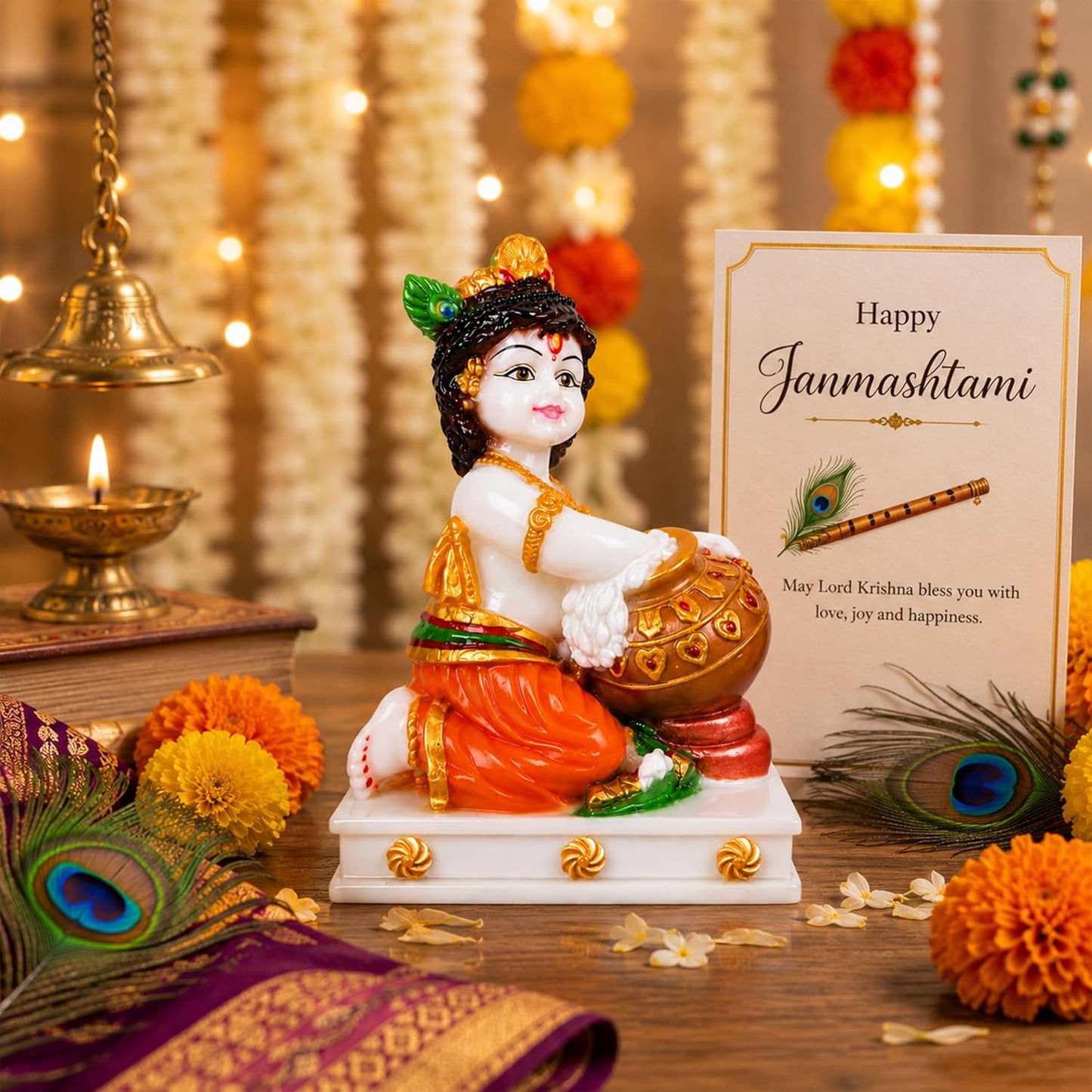 UNOVATE Krishna Makhan Chor Statue | Home Temple | Janmastmi | White Marble