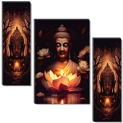 Radiant Lotus Buddha Wall Art – 3-Panel Enlightenment Triptych | UV-Printed, Ready-to-Hang Spiritual Zen Décor (20 Inch x 12 Inch) JM-35295