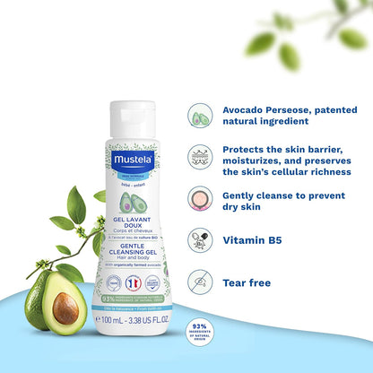 Mustela Baby Body Wash and Shampoo with Avocado 100ml – Head to Toe Wash for Bath | Baby Shampoo | Gentle Cleansing Gel with Vitamin B5