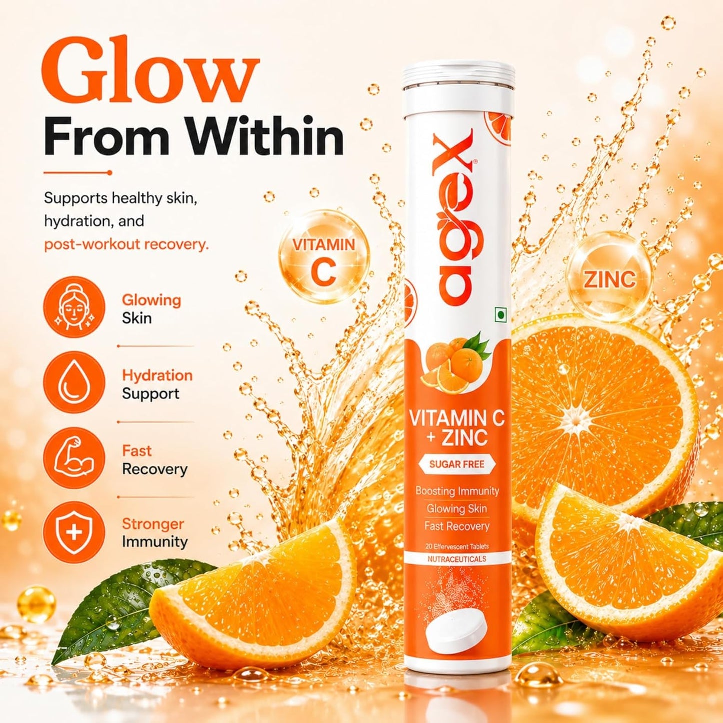 Vitamin C+Zinc Effervescent Tablets | Natural Amla Extract 1000mg + Vit C 80mg + Zinc 10mg | Immunity Booster for Skin, Hair & Nails | Supports Collagen Production |Orange Flavour | Sugar-Free | 20 Effervescent Tablets (Pack of 1)