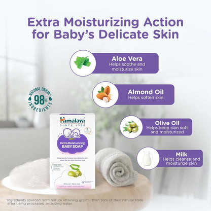 Himalaya Extra Moisturizing Baby Soap for Dry Skin - 75g | Helps Lock In Moisture With Aloe-Milk Moisture Complex of Almond & Olive Oil | Free From Harsh Chemicals | #1 Doctor Recommended Brand