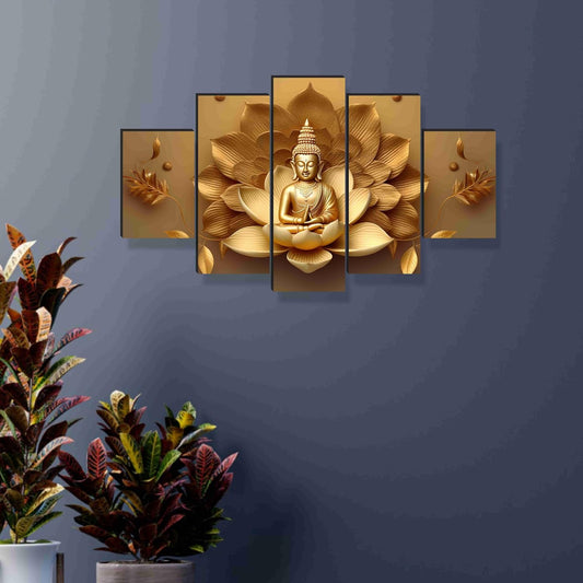 Buddha Paintings for Wall Decoration - Set Of Five, 3d modern art Painting for Living Room Large Size with Frames for Home Decoration, Hotel, Office 76.2 cm x 45 cm SANFPNLS35459