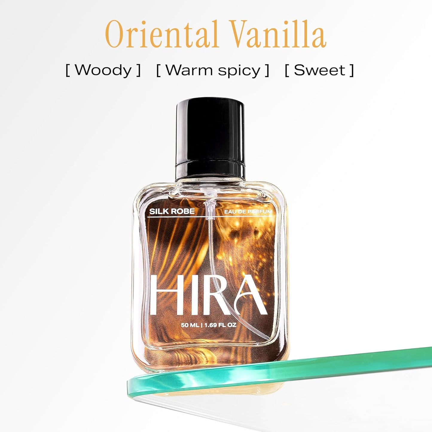 Perfume bottle labeled 'Oriental Vanilla' by HIRA on a white background