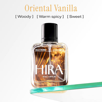 Perfume bottle labeled 'Oriental Vanilla' by HIRA on a white background