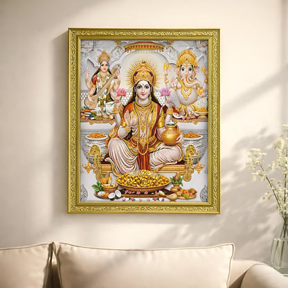 Lakshmi With Ganesha and Saraswati Photo Painting with Golden Frame for Temple - (14 x 12 Inches)
