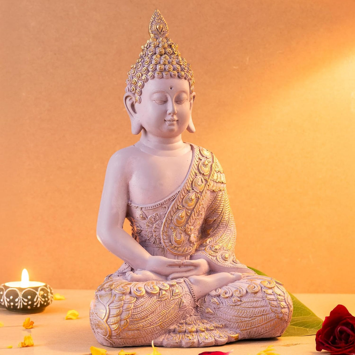 Buddha Idol for Home Decor | White Gautam Buddha Statue Showpiece for Living Room, Office & Temple | Resin Shakyamuni Buddha Figurine | Housewarming Gift (Pink |10 inch)
