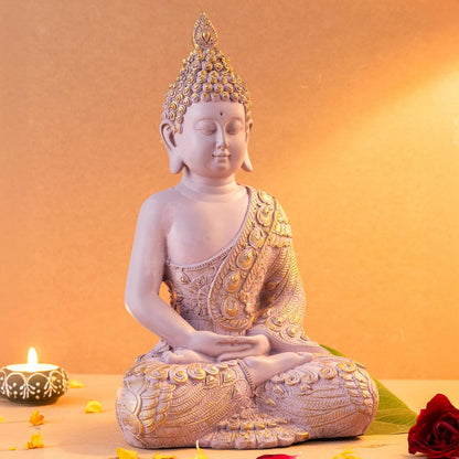 Buddha Idol for Home Decor | White Gautam Buddha Statue Showpiece for Living Room, Office & Temple | Resin Shakyamuni Buddha Figurine | Housewarming Gift (Pink |10 inch)