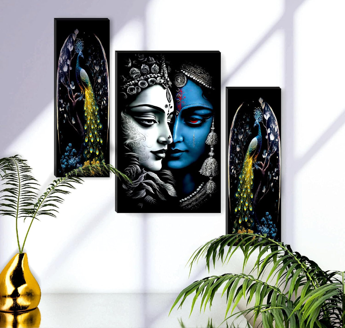 Radha Krishna & Peacock Wall Art – Set of 3 UV-Printed Panels | Spiritual Décor for Living Room, Bedroom & Pooja Room (20 Inch x 12 Inch) JM-35284