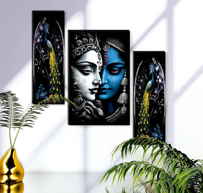 Radha Krishna & Peacock Wall Art – Set of 3 UV-Printed Panels | Spiritual Décor for Living Room, Bedroom & Pooja Room (20 Inch x 12 Inch) JM-35284