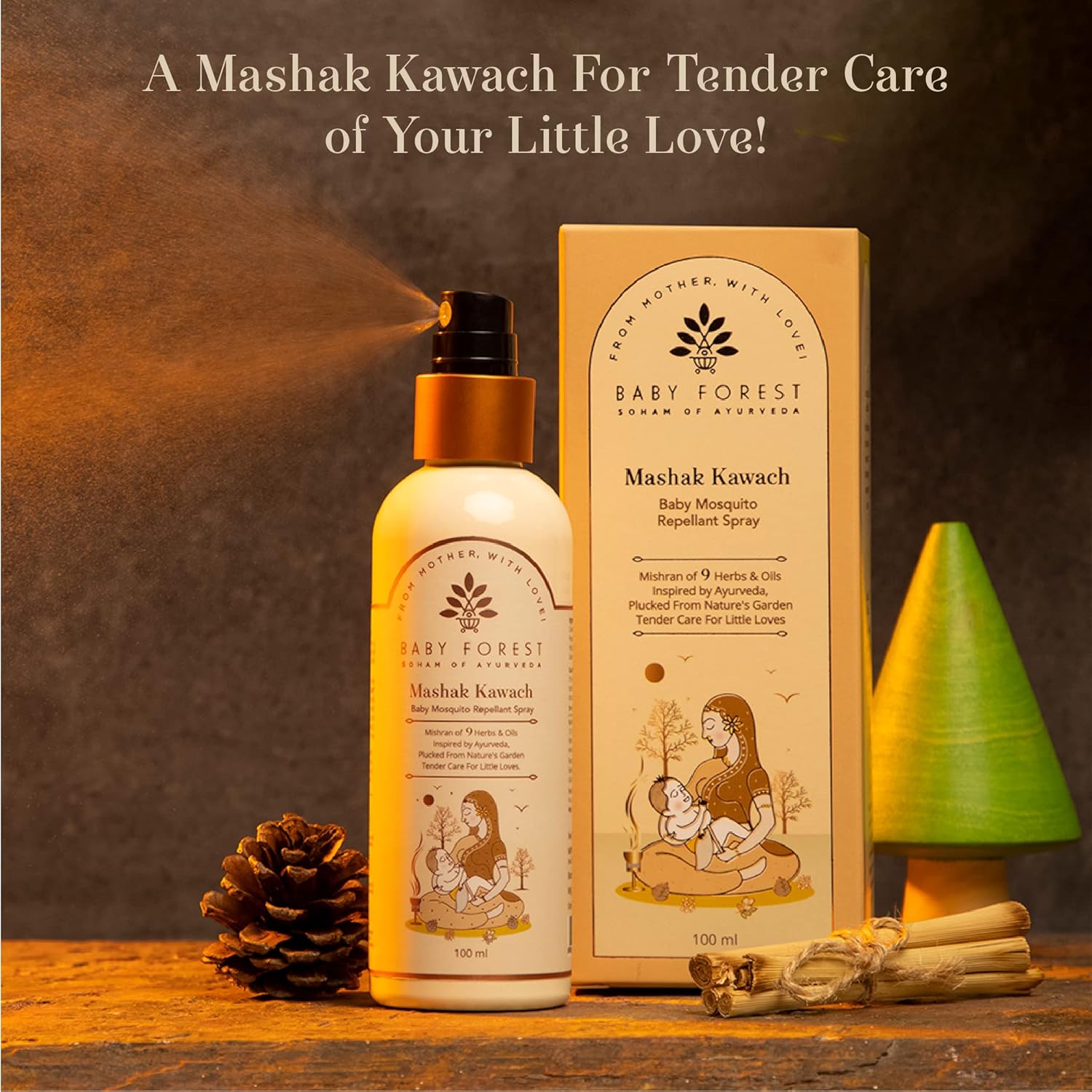 Baby Forest Mashak Kawach baby mosquito repellent spray with packaging on a wooden surface.