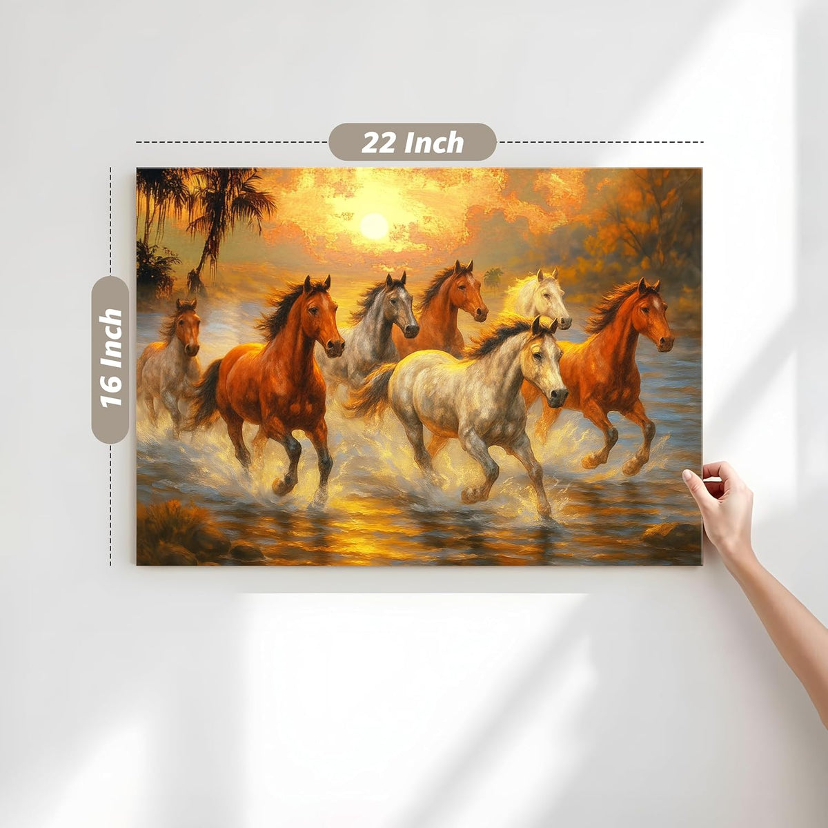 Seven Running Horses Wall Art Painting For Living Room, 7 Horsre Vastu Painting For Bedroom, Home and Office, Stretched canvas 16x22 Inch