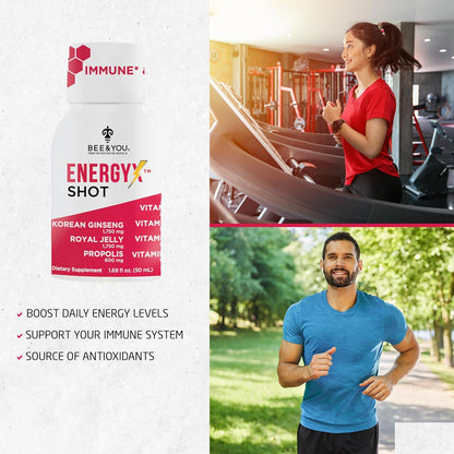 Bee and You Energy X Shot, Korean Red Ginseng, Royal Jelly, Propolis, Caffeine Free Energy Drink, Vitamin C, B3, B6, B12, Immune Support Supplement, Antioxidants, Pomegranate Flavor