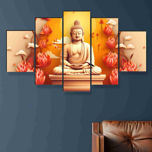 Buddha Paintings for Wall Decoration - Set Of Five, 3d modern art Painting for Living Room Large Size with Frames for Home Decoration, Hotel, Office 76.2 cm x 45 cm SANFPNLS35453