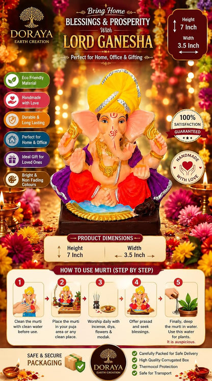 DORAYA EARTH CREATION Clay Ganpati Murti Handmade Eco-Friendly Multicolour Ganesh Idol for Home Temple, Ghar Pooja, Ganesh Chaturthi Decoration, Office Desk & Festive Gift | 6.5 Inch (6.5INCH-1)