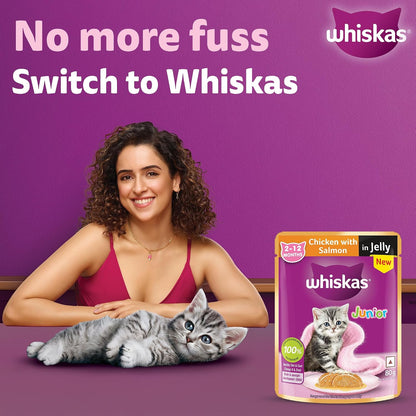 Whiskas Junior Kitten (2-12 Months) Wet Cat Food, Chicken with Salmon in Jelly, 80 g, Hydrating Food Made with Real Fish, 100% Complete & Balanced Nutrition for Kittens