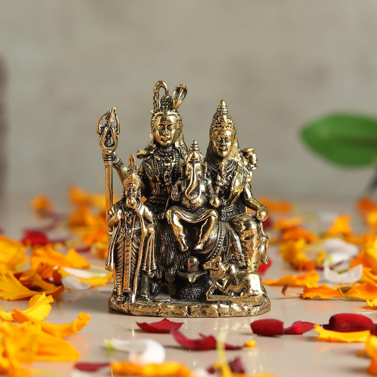 Handcrafted Brass Shiv Parivar Idol | Lord Shiva, Goddess Parvati & Lord Ganesha Murti for Home Temple & Pooja Room (Design04: L4 x W3 x H6 cm)