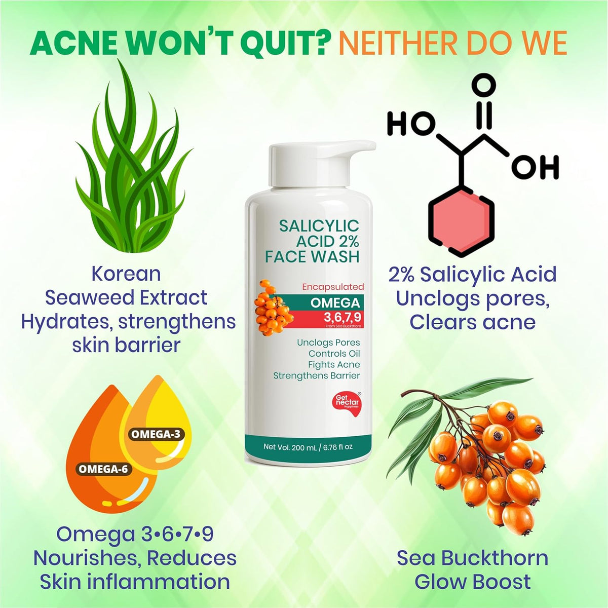Salicylic acid face wash with ingredients and benefits on a green background